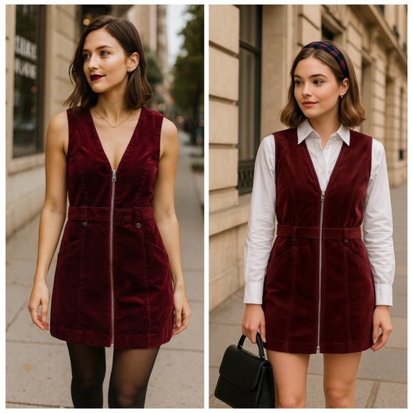 Veronica Beard Dresses & Skirts - Veronica Beard Burgundy Corduroy Zip Front Mini Dress Size 2